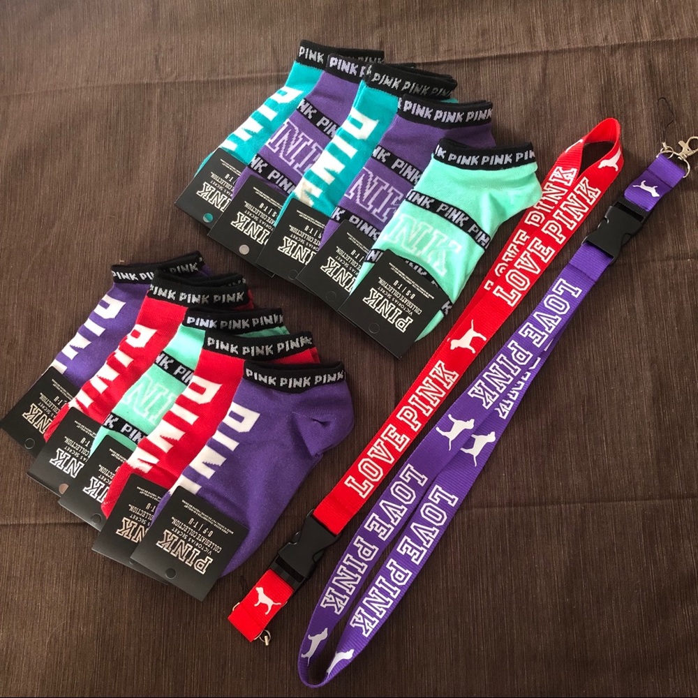 💕Pink VS 10 Pairs Socks & 2 Lanyards 💕💕